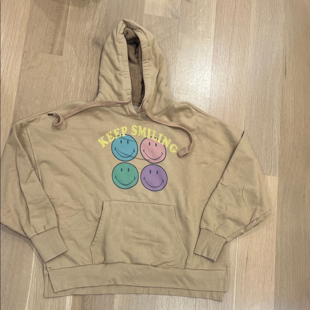 American Eagle Outfitters Tan Hoodie with Pastel Smiley Faces